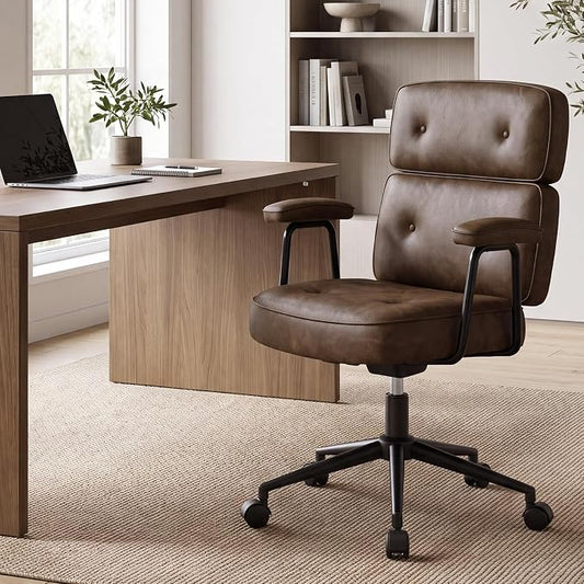 OLIXIS Ergonomic Home Office Desk Chair, PU Leather Computer Chair with Lumbar Support Adjustable Height Rolling Swivel Executive Task Armrests, Modern Brown