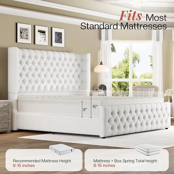Jocisland King Size Upholstered Bed Frame with 6.3-Inch Curved Wingback Headboard, Tufted Footboard, Wood Slats, No Box Spring Needed, White Linen