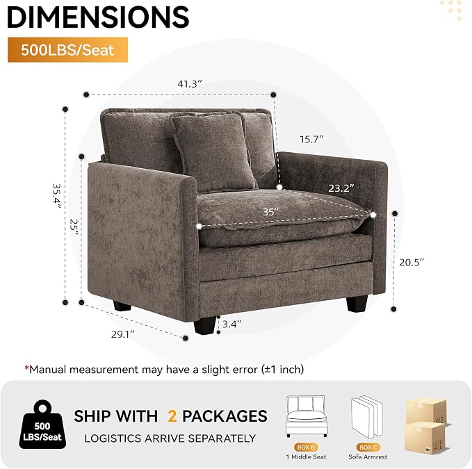 WUTUTUEE 41'' Modern Chenille Oversized Chair, Upholstered Accent Living Room Chair with Extra Thicked Deep Seat, Single Lounge Chair for Bedroom, Small Apartment, Brown
