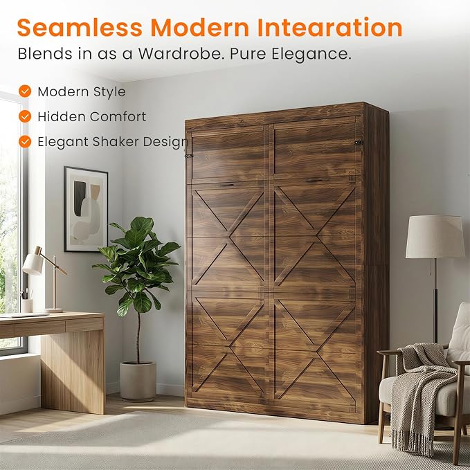 CECER Full Vertical Murphy Wall Bed，Space Saving for Offices/Guest-Brown | Durable Gas-Lift for smooth folding，16 Color Controllable LED Lights，Sturdy frame ＆ Easy Assemble