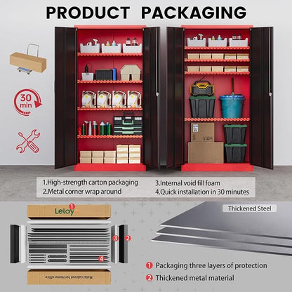Letaya Metal Storage Cabinets with Lock, 72" Tall Locker Organizer Steel Cabinets, Adjustable Layers Shelves 2 Doors for Home, Office, Warehouse,Garage(Black Red)