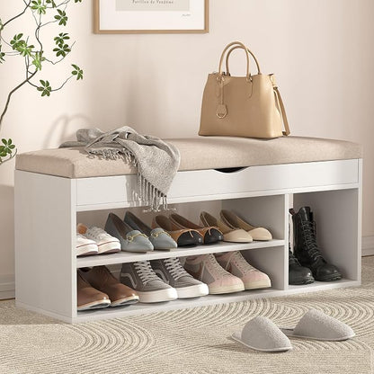 Apicizon 39 Inches Storage Bench with Padded Cushion, Shoe Bench with Storage Space, Upholstered Entryway Bench for Living Room, 2-Tier Shoe Rack Organizer, White