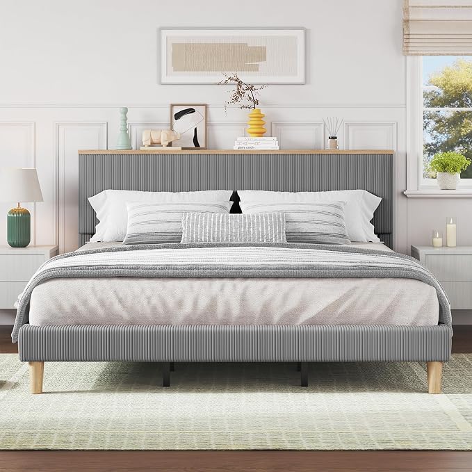Bestier King Bed Frame with Adjustable Headboard & RGB LEDLighting, Corduroy Upholstered Platform Bed Frame withStorage Shelf, Solid Wood Slats, No Box Spring Needed,Never Squeak, Light Grey
