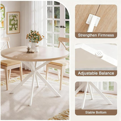 ChooChoo 47.2 Inch Round Dining Table for 4, Farmhouse Wood Kitchen Table, Circle Dinner Table for Kitchen & Dining Room, Natural Oak&White