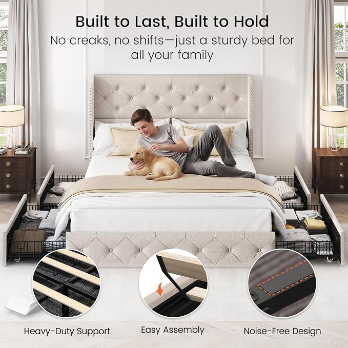 LARMACE Full Size Bed Frame with 4 Storage Drawers and Wingback Headboard Linen Upholstered Platform Bed Frame Tufted Beds with Wooden Slats Support, Easy Assembly, Beige