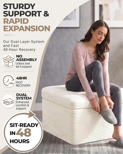 23.6in Pouf Ottoman, Corduroy Ottoman Foot Rest with Dual‑Layer Support, Large Plush Pouf with Soft Chunk‑Foam Top & Firm Foam Base, Floor Foot Stool for Living Room, Beige