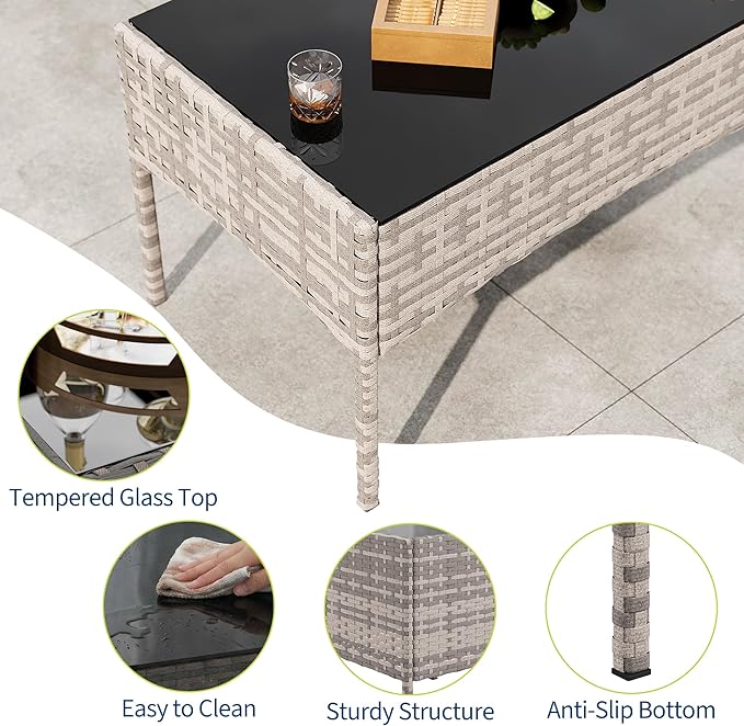 4-Piece Outdoor Furniture Set, PE Rattan Wicker Chairs with Soft Cushions & Tempered Glass Coffee Table - All-Weather Patio Set for Garden, Backyard, Porch, Poolside (Grey)