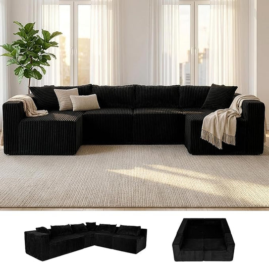 128" U-Shaped Boneless Couch, Modern Sectional Modular Couch with Double Chaise, Deep Seat Boneless Couches for Living Room Bedroom, No Assembly Required, Blck