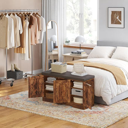 DINZI LVJ Shoe Bench, Entryway Storage Bench with Doors, Cushion, 3-Tier Shoe Rack with 9-Cubby, 39.4" L x 13.8" W Shoe Organizer Cabinet, Fully Adjustable Shelves, Living Room, Bedroom, Rustic Brown
