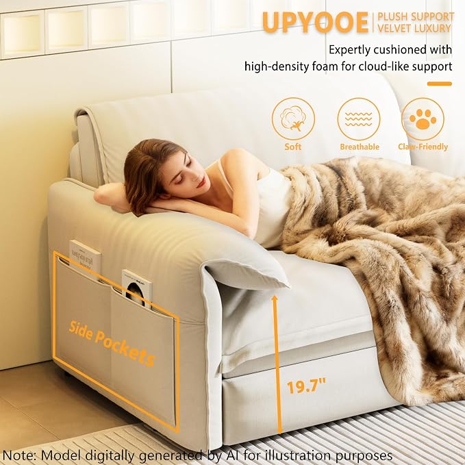 63.8" Sofa Bed Queen Size, Pull Out Couch Bed, 3-in-1 Convertible Sleeper Sofa with Side Pocket, Modern Velvet Futon Couch for Living Room, Small Space, Apartment, Bedroom, Beige