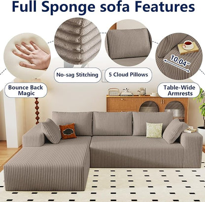 96" Modular Sectional Sofa, Modern Corduroy Cloud Couch with Deep Seat, Boneless Couch Upholstered 3-Seater L-Shaped Sofa for Living Room, No Assembly Required (Camel, Left-Facing Chaise)