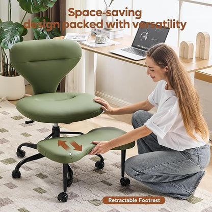 YFO Ergonomic Cross Legged Office Chair and ADHD Meditation Chair with Silent Wheels for Home Office Desk Chair and Yoga, Wider Backrest Support and Storage Pockets Design, PU Leather, Green