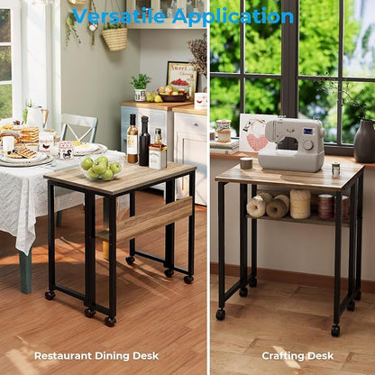 GreenForest Folding Desk with Wheels, 31.5 Inch Compact Rolling Computer Table with Storage Shelf, Portable Mobile Workstation for Small Spaces, Easy Assembly, Grey Wash