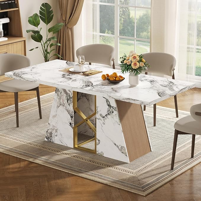HOMISSUE 71 Inch Modern White Dining Table for 6-8 People, Large Faux Marble Kitchen and Dining Room Table,Rectanglar Dinner Table with Metal Frame for Dining Room, Living Room, White