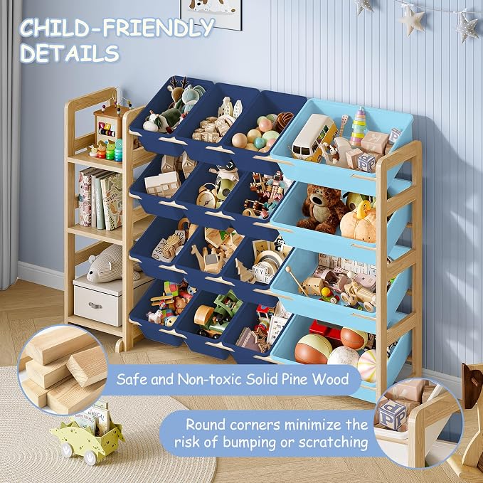 EXPERLAM Toy Storage Organizer, Toy Storage Shelf with 3 Shelves and 16 Storage Bins (12 Small + 4 Large), 3-in-1 Kids Bookshelf for Kids Rooms, Playroom, Nursery, Blue