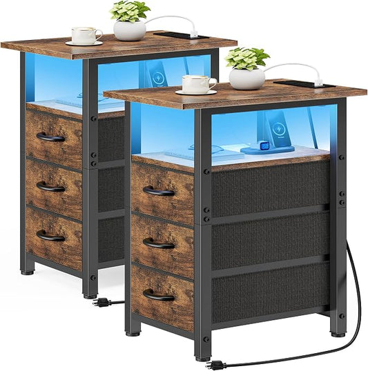 Vagusicc Set of 2 Nightstand with Charging Station and LED Lights, Narrow End Table, LED Nightstand with 3 Fabric Drawers for Bedroom, Narrow Side Table, Slim Sofa Side Table for Small Spaces, Brown