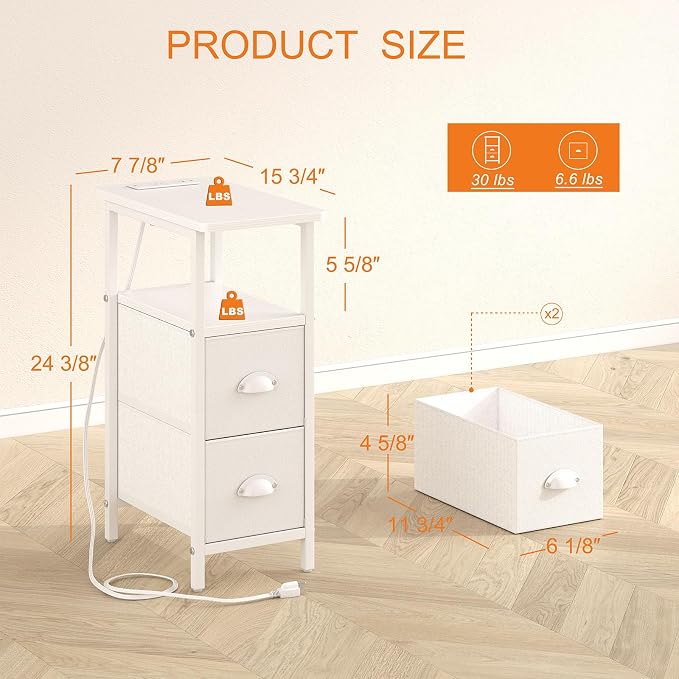 sthmec Narrow End Table with Charging Station, Narrow Side Table with 2 Fabric Drawers, Slim Nightstand, Skinny Bedside Table, Small Side Table for Small Spaces, Living Room, Bedroom, White