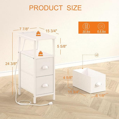 sthmec Narrow End Table with Charging Station, Narrow Side Table with 2 Fabric Drawers, Slim Nightstand, Skinny Bedside Table, Small Side Table for Small Spaces, Living Room, Bedroom, White