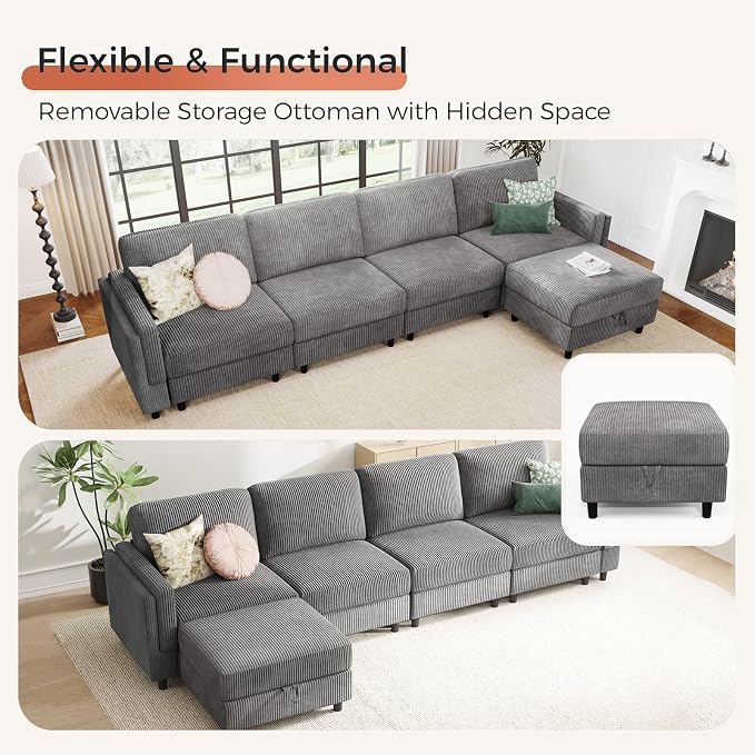 KKL Modular Sectional Sofa Bed with Storage Ottoman, Convertible L/U-Shaped Sleeper Couch for Living Room, Modern Reversible Design(Grey,5 Seater L Shape)