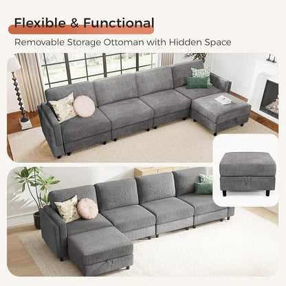 KKL Modular Sectional Sofa Bed with Storage Ottoman, Convertible L/U-Shaped Sleeper Couch for Living Room, Modern Reversible Design(Grey,5 Seater L Shape)