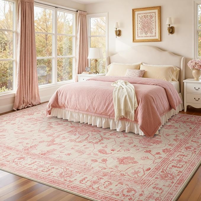 RELEANY Area Rugs Large 9'x12' Washable Non-Slip, Floral Vintage Distress Medallion Carpet for Living Room Bedroom Dining Room, Pink Light Vintage Pink