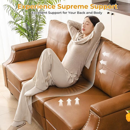 85'' Faux Leather Couch with Armrest Organizer,Sectional Sofa with Storage Movable Ottoman,Solid Wooden Frame,Thick Cushion,3 Seater L Shaped Couches for Living Room,Apartment,Home Furniture,Brown