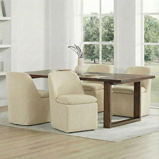 KISLOT Upholstered Dining Chairs Set of 4 with Casters, Modern Side Armless Deskchair with Washable Slipcover & Sturdy Metal Frame for Diningroom Bedroom Livingroom Reading Room, Sand Fabric