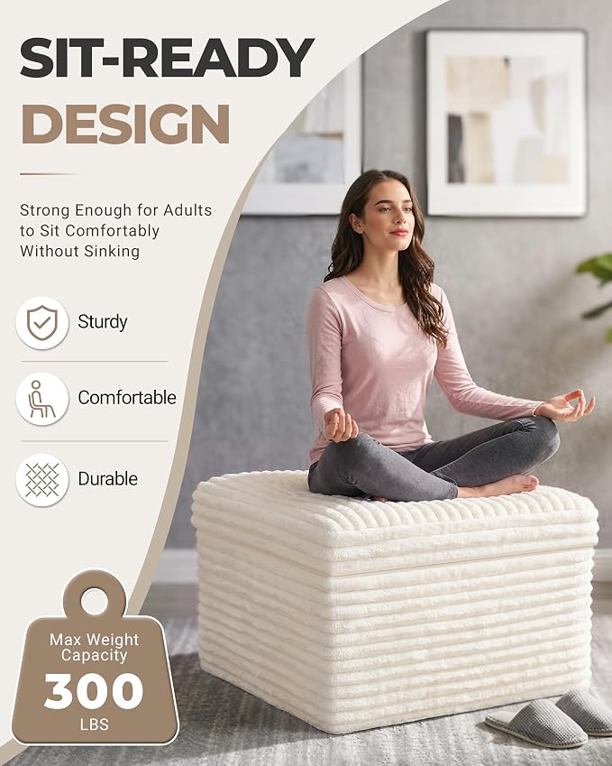 23.6in Pouf Ottoman, Corduroy Ottoman Foot Rest with Dual‑Layer Support, Large Poofy Pouf with Soft Chunk‑Foam Top & Firm Foam Base, Floor Foot Stool for Living Room, Beige