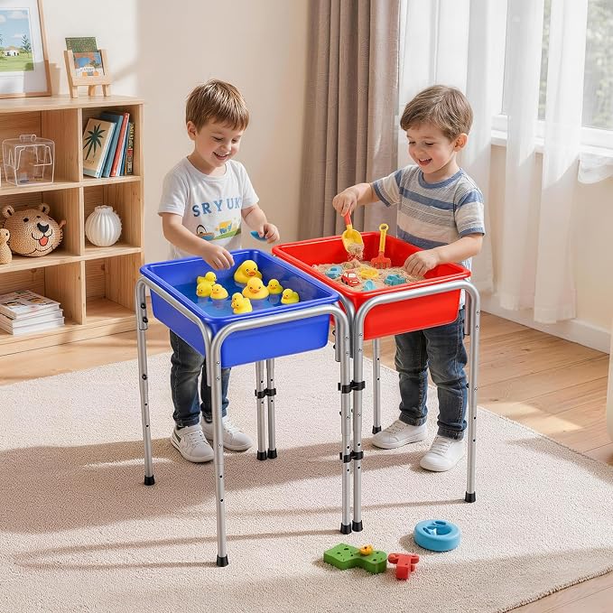 VEVOR Sensory Table for Toddlers, Kids 2-Station Sand and Water Adjustable Play Table with Detachable Storage Bins and Non-Slip Feet, Carbon Steel Frame, Rounded Corners, for Boys and Girls Exploring