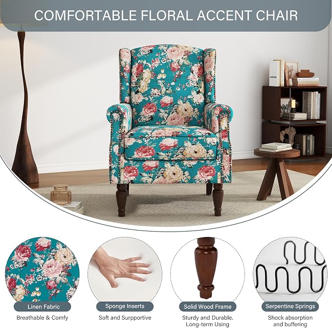 High Back Floral Accent Chairs Set of 2, Upholstered Armchair in Fabric, Retro Printed Wingback Arm Chair for Living Room, Nailhead Trim Single Sofa Bedroom Reading Seat - Peacock Blue