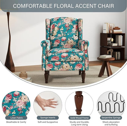 High Back Floral Accent Chairs Set of 2, Upholstered Armchair in Fabric, Retro Printed Wingback Arm Chair for Living Room, Nailhead Trim Single Sofa Bedroom Reading Seat - Peacock Blue