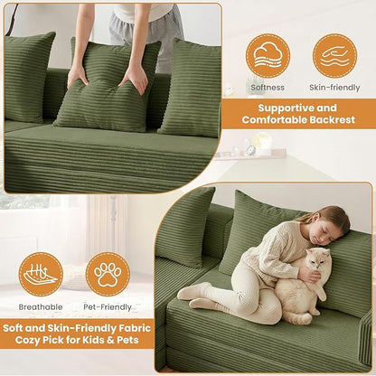 65" Modular Sectional Sofa, Boneless Convertible Sleeper Sofa Bed, Modern Tri-Folding Cloud Couch with L-Shape Chaise, Corduroy Futon Couches for Small Spaces Apartment,No Assembly,Green