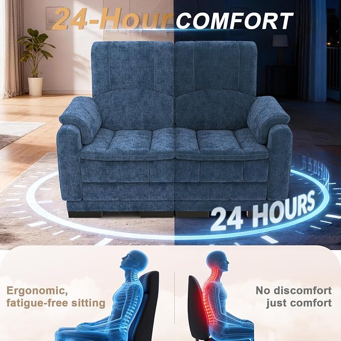 Yolsali Boneless Loveseat Sofa, High-Density Cloud-Like Double Cushion Floor Sofa Couch, Chenille Small Boneless Couch for Living Room, 850 lb Support, Raised Backrest, Ergonomic, Easy Assembly, Blue