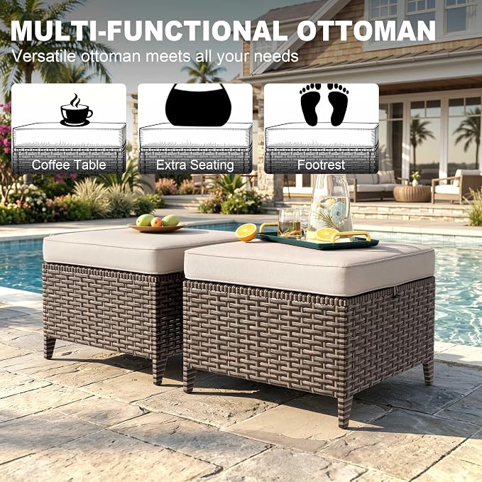 4 Pieces Patio Furniture Set, 2 High Back Swivel Chairs & 2 Ottomans, All-Weather PE Wicker Furniture with Waterproof Cushions for Deck, Garden, Porch