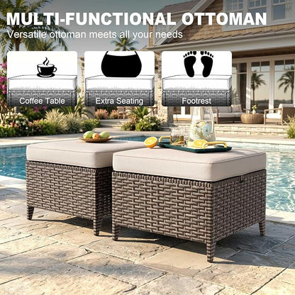 4 Pieces Patio Furniture Set, 2 High Back Swivel Chairs & 2 Ottomans, All-Weather PE Wicker Furniture with Waterproof Cushions for Deck, Garden, Porch