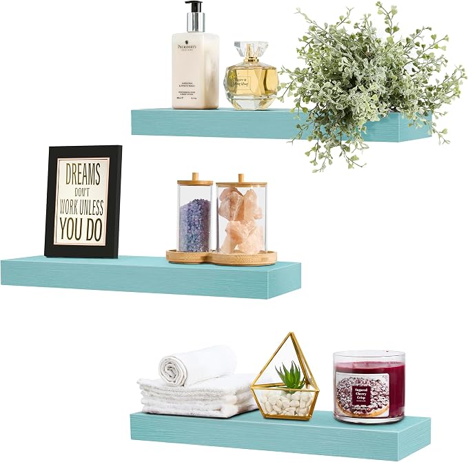 Sorbus Floating Shelves for Wall – 16 Inch Floating Shelf for Kitchen, Bedroom, Living Room, Bathroom, Home & Wall Decor - Mounted Bathroom Shelves with Invisible Brackets (Breezy Blue, 3 Pack)
