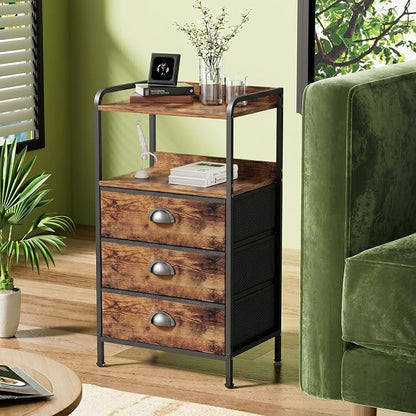 Night Stand Set 2, Nightstand with 3 Fabric Drawers and 2-Tier Shelf, Small Dresser Organizer, Bedside Table with Storage, End Table for Bedroom, Steel Frame, Wood Top, Rustic Brown