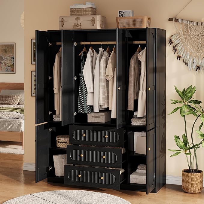 TOKSOM 4 Doors Freestanding Armoire Wardrobe Closet, 72" Black Wardrobe Armoire Wooden Closet Large Capacity Storage with 3 Drawers & 3 Hanging Rod Shelves Clothes Organizer