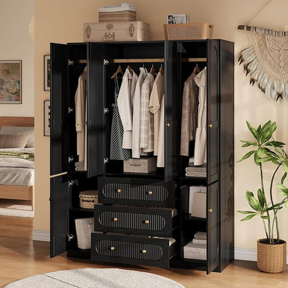 TOKSOM 4 Doors Freestanding Armoire Wardrobe Closet, 72" Black Wardrobe Armoire Wooden Closet Large Capacity Storage with 3 Drawers & 3 Hanging Rod Shelves Clothes Organizer