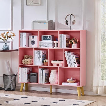 LEYAOYAO 10 Cube Bookshelf,3 Tier Modern Wide Bookcase with Legs,Mid-Century Wood Bookshelves Storage,Light Pink Large Book Case,Freestanding Organizer Display Shelf for Bedroom,Living Room,Office