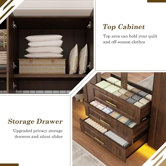 Hlivelood Large Armoire Wardrobe Closet Cabinet with Drawers and LED Lights, Multi-Tier Shelves, Hanging Rod, Large Capacity Storage 4 Door Wardrobe Armoire with Top Cabinet for Bedroom, Brown