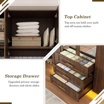 Hlivelood Large Armoire Wardrobe Closet Cabinet with Drawers and LED Lights, Multi-Tier Shelves, Hanging Rod, Large Capacity Storage 4 Door Wardrobe Armoire with Top Cabinet for Bedroom, Brown