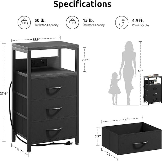 Lazzanto NightStand Bedside Charging Table Bedroom - Night Stand with Charger Station, Black Modern Bed Side End Table with Open Shelf & 3 Fabric Drawers, USB-C Port for Dorm, Living Room