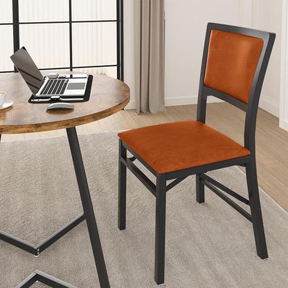 VECELO Folding Dining Chairs Set of 4, Metal Padded Foldable Seating with Comfortable Faux Leather, Space-Saving Portable Guest Seats for Kitchen & Office, No Assembly, Cognac Brown