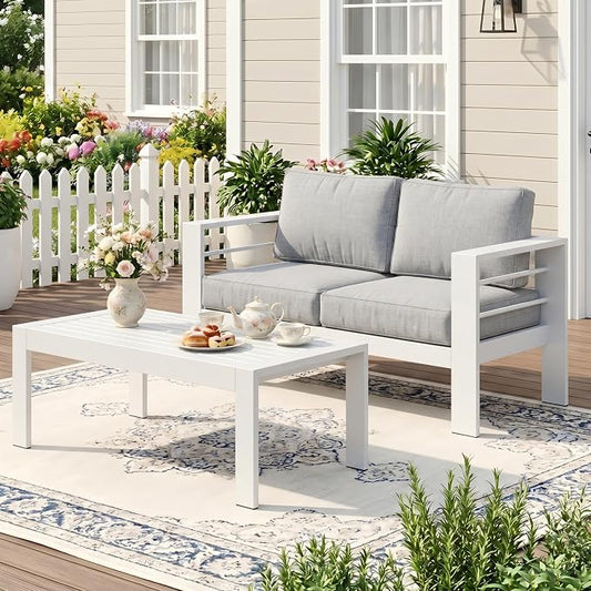 Wisteria Lane Aluminum Outdoor Sofa, 3 Pieces Patio Couch All-Weather Rust-Proof Modern Metal Patio Furniture with 5" Thick Olefin Cushions, Light Grey