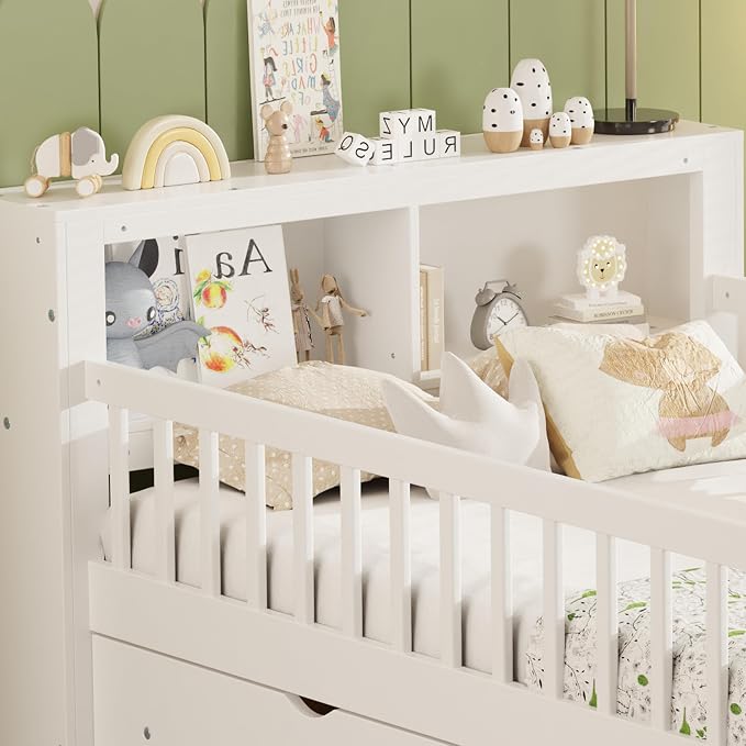 Kids Twin Size Bed Frame with Storage Drawers and Bookcase,Wood Twin Bed Frames for Kids,Twin Bed Frame with Headboard and Footboard for Boys Girls,No Box Spring Needed,White