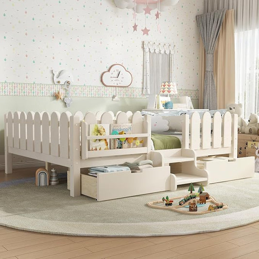 Bellemave Queen Size Montessori Bed with Stairs, Lights, Rails and Slats, Queen Size Montessori Floor Bed with Bookshelf and 2 Storage Drawers, Easy Assemble Beds Frame for Girls, Boys, Beige