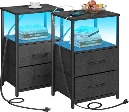 TUTOTAK LED End Table with Charging Station, Nightstand with Cloth Drawer, Side Table with 1 USB Port and 1 Type-C Port, Set of 2, Couch Table, Black TB01BK052L