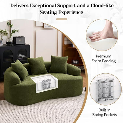 65" Curved Loveseat,Deep Seat Cloud Floor Couch with 3 Backrest,Cozy Chenille Fabric,Small Loveseat for Small Spaces,Bedroom,Office,Apartment (Green, 65 Inch)
