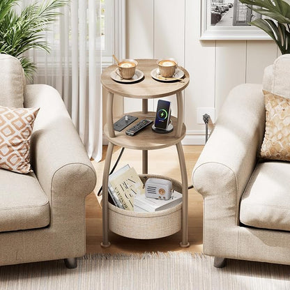 Side Table with Charging Station, Small Round End Table with Basket, USB and Type C Port, 3 Tiers Sofa Couch Table Bedside Table for Living Room Bedroom, Small Spaces, 11.81in Light Oak